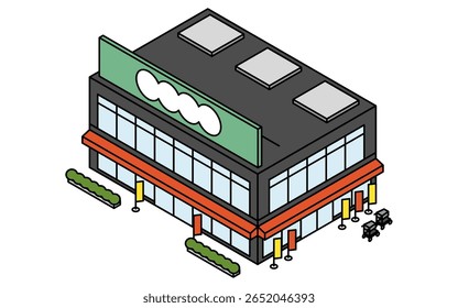 Image of a two-story supermarket or drugstore, isometric illustration with simple line drawings, Vector Illustration