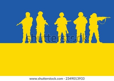 Image of the Ukrainian flag - Blue and yellow. Together with the silhouettes of the Ukrainian military. Day of the Ukrainian flag. Ukrainian Military Man Silhouette Vector Illustration