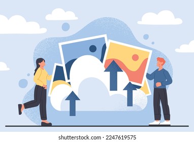 Image upload concept. Man and woman with files in cloud storage, information exchange, memory. Modern technologies and digital world. Poster or banner for website. Cartoon flat vector illustration