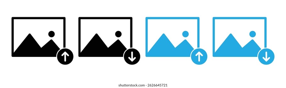 Image Upload, Download, and Error Icons Set, Solid and Outline Styles, Vector Illustration.