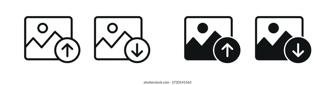 Conjunto de iconos de Cargar de Imagen y Descarga con símbolos de imagen, que muestran acciones de transferencia de archivos para la interfaz de usuario, administración de Galerías, almacenamiento en la nube y flujo de trabajo de medios digitales