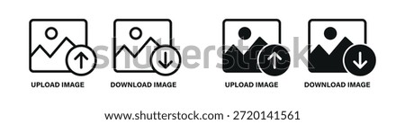 Image upload and download icon set with picture symbols, showing file transfer actions for user interface, gallery management, cloud storage and digital media workflow