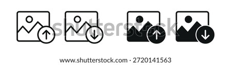 Image upload and download icon set with picture symbols, showing file transfer actions for user interface, gallery management, cloud storage and digital media workflow