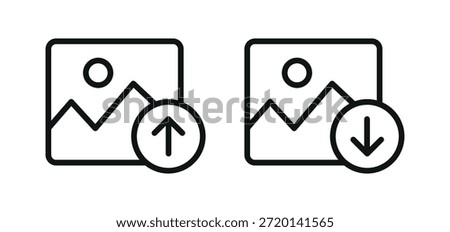 Image upload and download icon set with picture symbols, showing file transfer actions for user interface, gallery management, cloud storage and digital media workflow