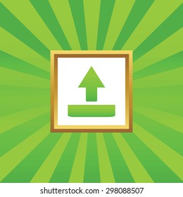 Image of upload symbol in golden frame, on green abstract background