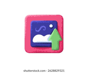 image uploader concept. upload image files. media, services, support, and technology. illustration of a photo symbol with an upward arrow. symbol or icon. flat style design with texture grain