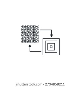 Image upscaling icon. Low resolution pixelated square turning into high quality sharp photo. AI enhance and resize vector illustration.