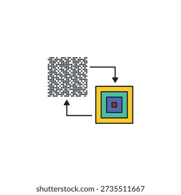 Image upscaling icon. Low resolution pixelated square turning into high quality sharp photo. AI enhance and resize vector illustration.