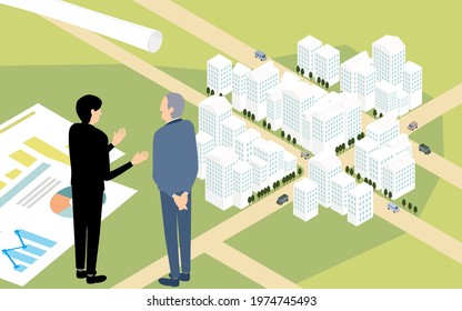 Image of urban development, isometric illustration of building town from a bird's-eye view with businessmen discussing