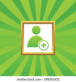 Image of user icon and plus in golden frame, on green abstract background