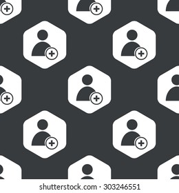 Image of user icon and plus in hexagon, repeated on black