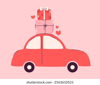 Image for Valentine's Day. Car with gifts. Flat vector illustration.