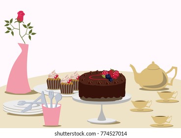Image of Valentine's Day. Chocolate cake. Image of tea time.
Tea time table set. - Shutterstock ID 774527014