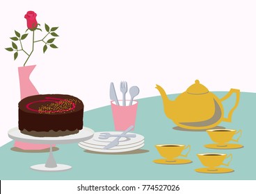 Image of Valentine's Day. Chocolate cake. Image of tea time.
Tea time table set. - Shutterstock ID 774527026