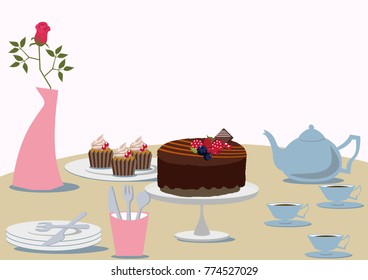 Image of Valentine's Day.
Chocolate cake.
Image of tea time.
Tea time table set. - Shutterstock ID 774527029