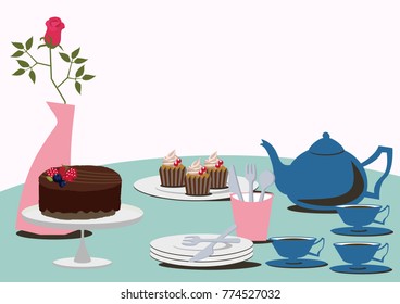 Image of Valentine's Day. Chocolate cake. Image of tea time.
Tea time table set. - Shutterstock ID 774527032