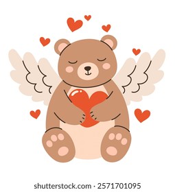 Image for Valentine's Day. Cupid bear with a heart in his paws. Flat vector illustration.