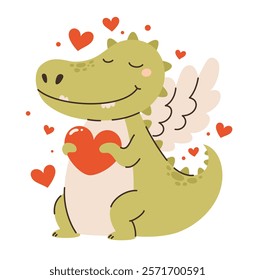 Image for Valentine's Day. Cupid crocodile with a heart in his paws. Flat vector illustration.