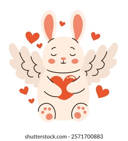 Image for Valentine's Day. Cupid rabbit with a heart in his paws. Flat vector illustration.