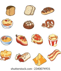 Image of variety of fast food restaurant and bread, pastry, bun donut, burrito. Foods for poster design and idea. Foods drawing vector image. Cook book recipe. 
