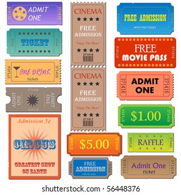 Image of various admission and cinema tickets.