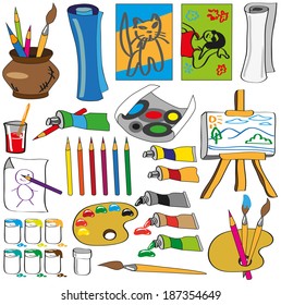 Image of various attributes of art on a white background.