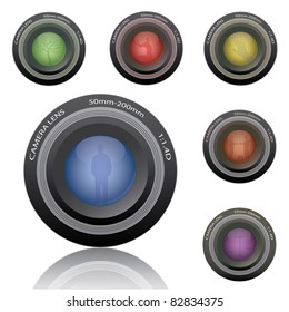 Image of various colorful camera lenses isolated on a white background.