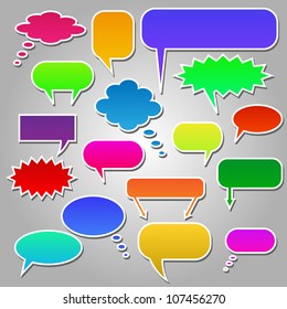 Image of various colorful chat bubbles isolated on a gray background.