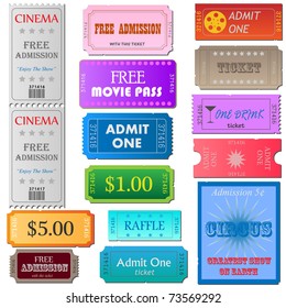 Image of various colorful cinema and admission tickets isolated on a white background.