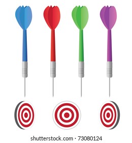 Image of various colorful darts and targets isolated on a white background.