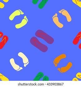 Image of various colorful flip flops on a sandy background