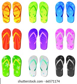 Image of various colorful flip flops isolated on a white background.