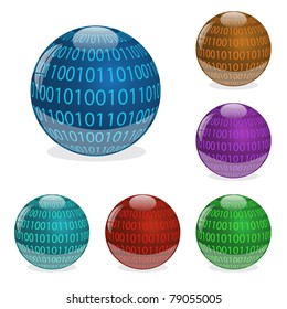 Image of various colorful orbs with binary digits isolated on a white background.
