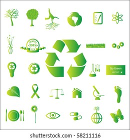 Image of various eco-friendly green icons isolated on a white background.