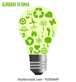 Image of various eco-friendly icons inside of a light bulb isolated on a white background.