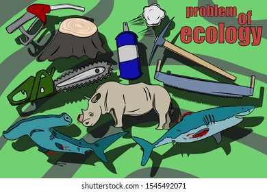 The image of various elements associated with environmental damage by humans. Sharks without fins and rhinos without horns. Harming trees and the ozone layer of our planet. Vector image.