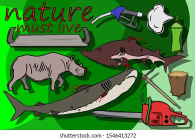 The image of various elements associated with environmental damage by humans. Sharks without fins and rhinos without horns. Harming trees and the ozone layer of our planet. Vector image.