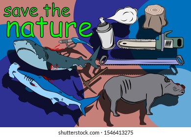The image of various elements associated with environmental damage by humans. Sharks without fins and rhinos without horns. Harming trees and the ozone layer of our planet. Vector image.