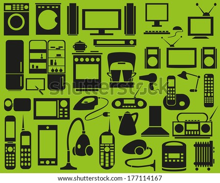 Image of various household appliances icons on a green background.