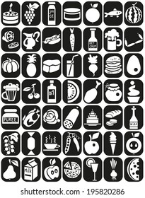 Image of various icons with food and drinks. Vegetables and fruit.