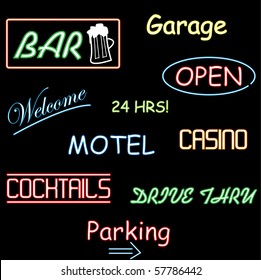 Image of various neon signs on a black background.