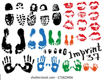 Image of various prints and footprints of adults, children and shoes.