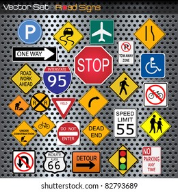 Image of various road signs against a metallic background.