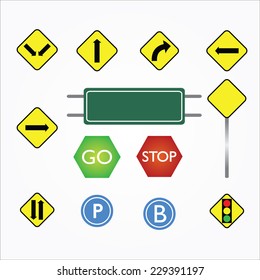 Image of various road signs isolated on a gray background.road sign vector 