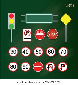Image of various road signs isolated on chalkboard.road sign vector  