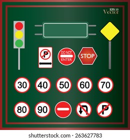 Image of various road signs isolated on chalkboard.road sign vector  