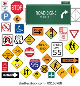 Image of various road signs isolated on a white background.