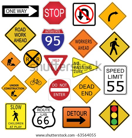 Image of various road signs isolated on a white background.