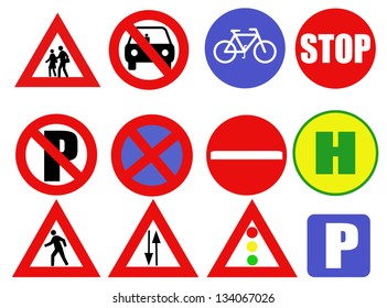 Image of various road signs on a white background.