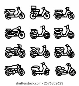 image of various types of motorcycles with black line art vector on white background